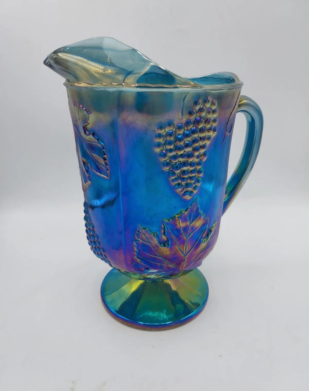 Pitcher Carnival Indiana Glass Iridescent Blue Harvest Grape Vtg Pedestal 64oz